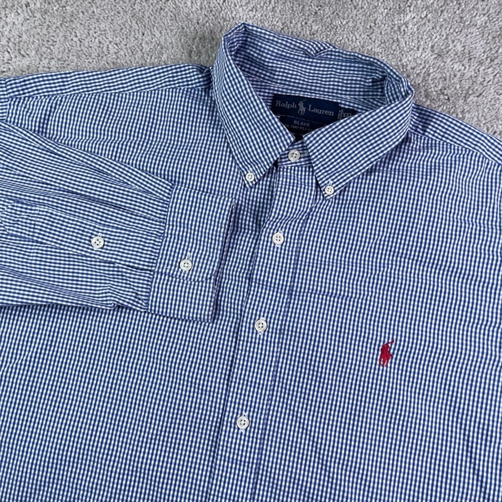 Vintage Ralph Lauren Shirt Men XXL Blue Gingham Blake Two Ply Cotton Button Down
